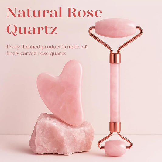 BAIMEI Rose Quartz Roller & Gua Sha Set – Facial Depuffing and Massage Tools