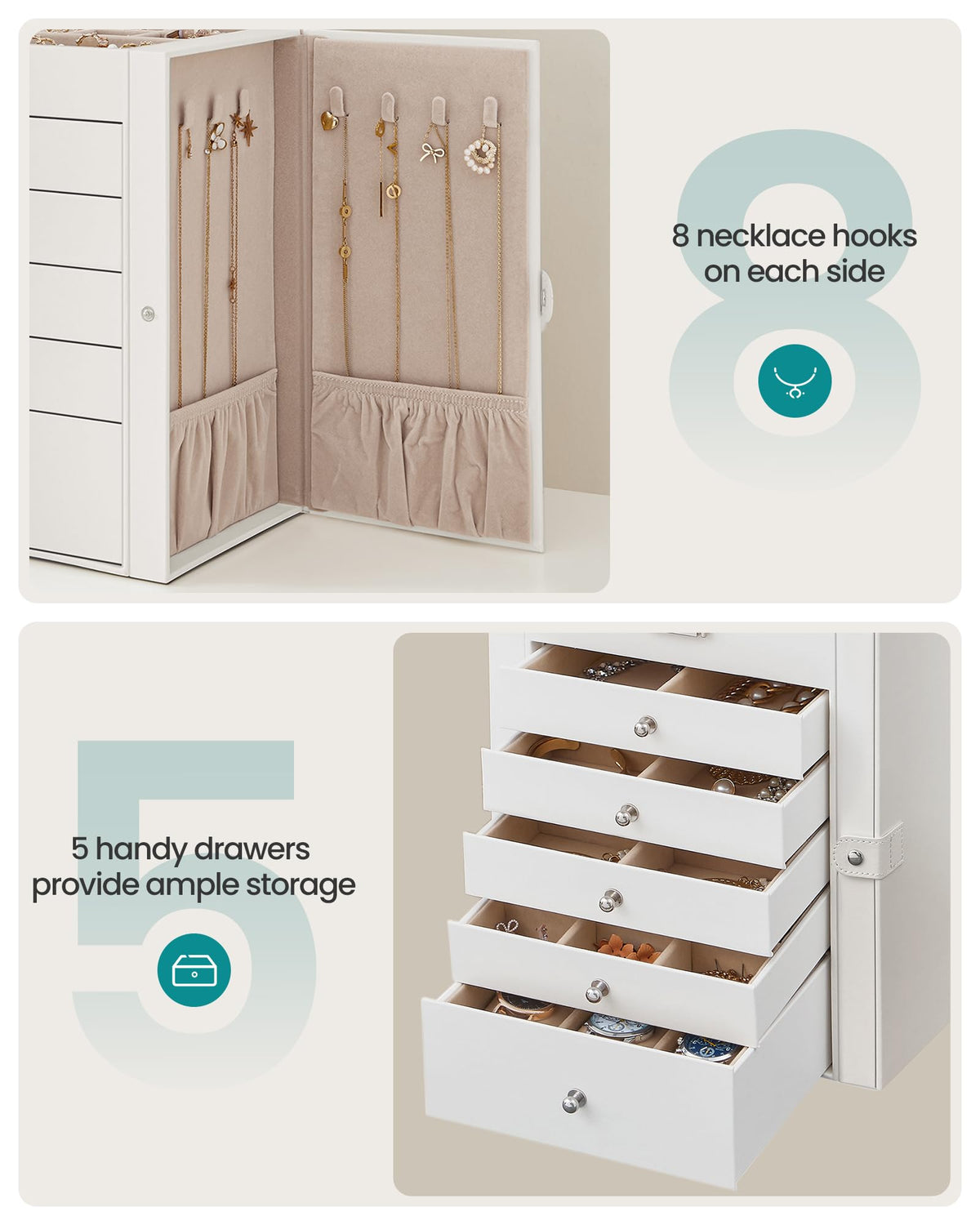 SONGMICS 6-Tier Jewelry Organizer – 5 Drawers, Mirror & Lock