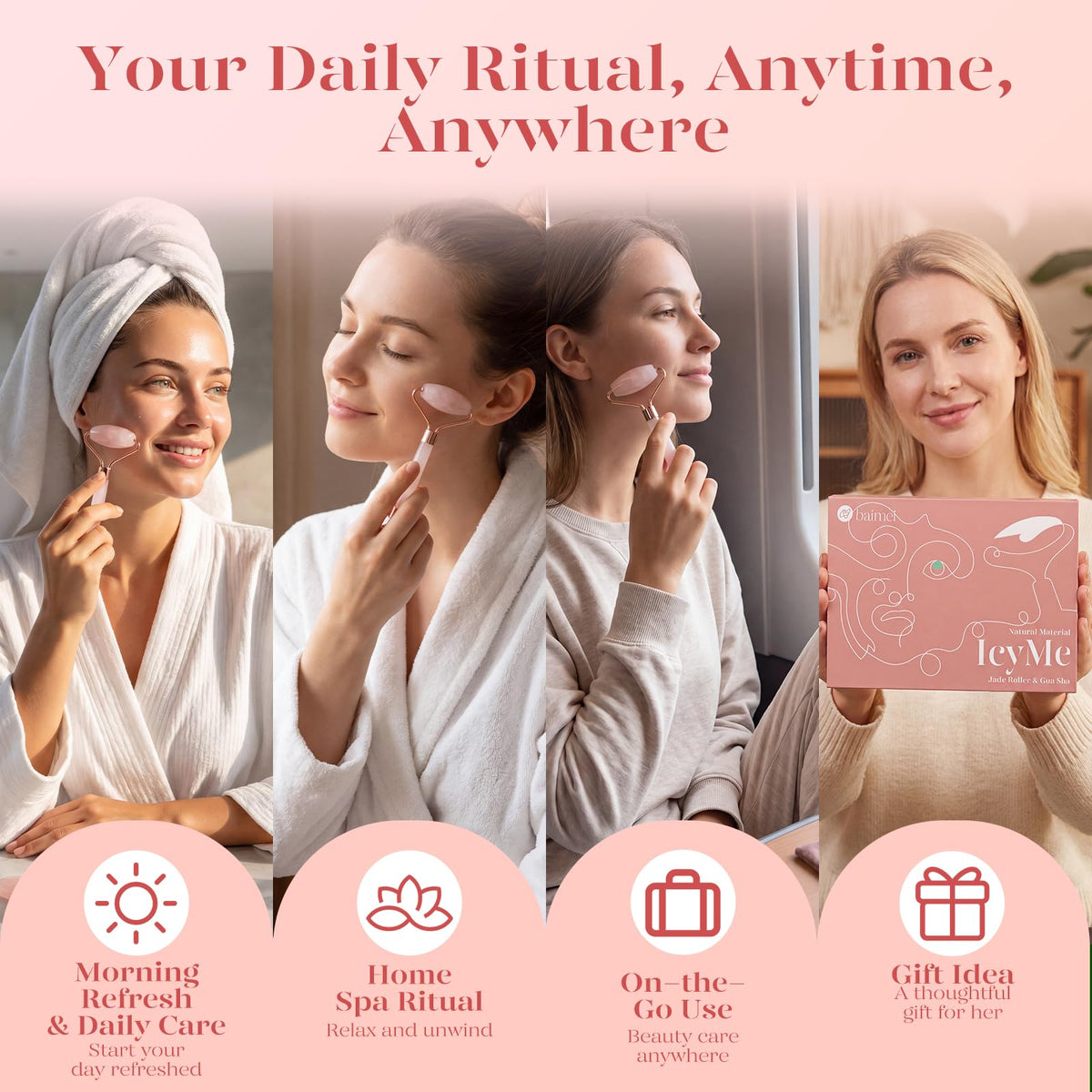 BAIMEI Rose Quartz Roller & Gua Sha Set – Facial Depuffing and Massage Tools