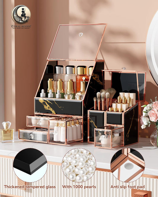 Black Glass Vanity Organizer with Lid