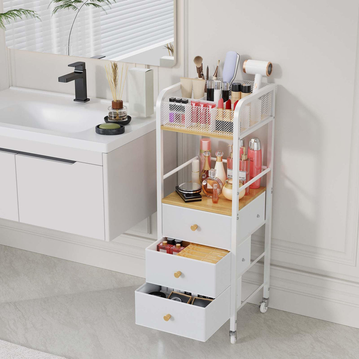 HapiRm Rolling Beauty Organizer Cart – 3 Drawers for Skincare & Cosmetics