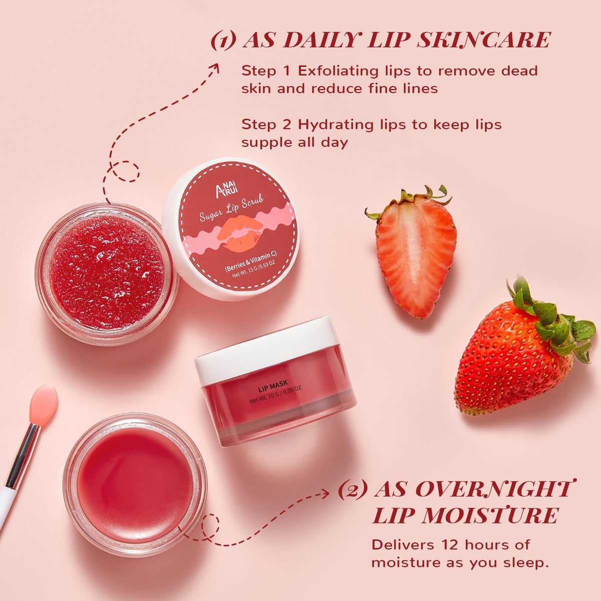 ANAI RUI Strawberry Lip Care Set – Lip Balm Mask & Sugar Scrub