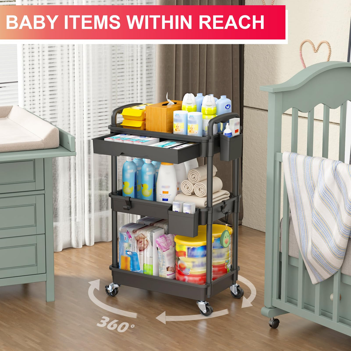 3-Tier Rolling Beauty & Storage Organizer – Black