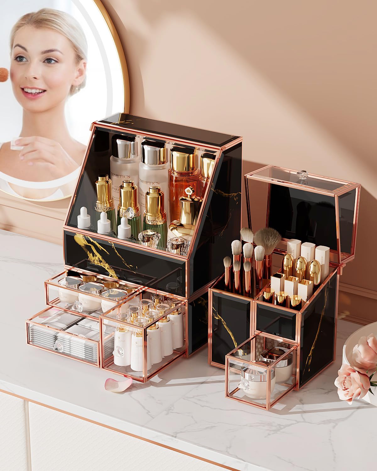 Black Glass Vanity Organizer with Lid