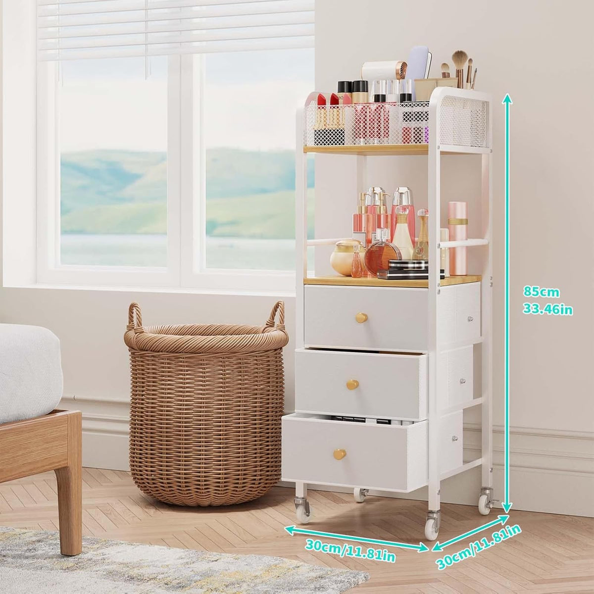 HapiRm Rolling Beauty Organizer Cart – 3 Drawers for Skincare & Cosmetics