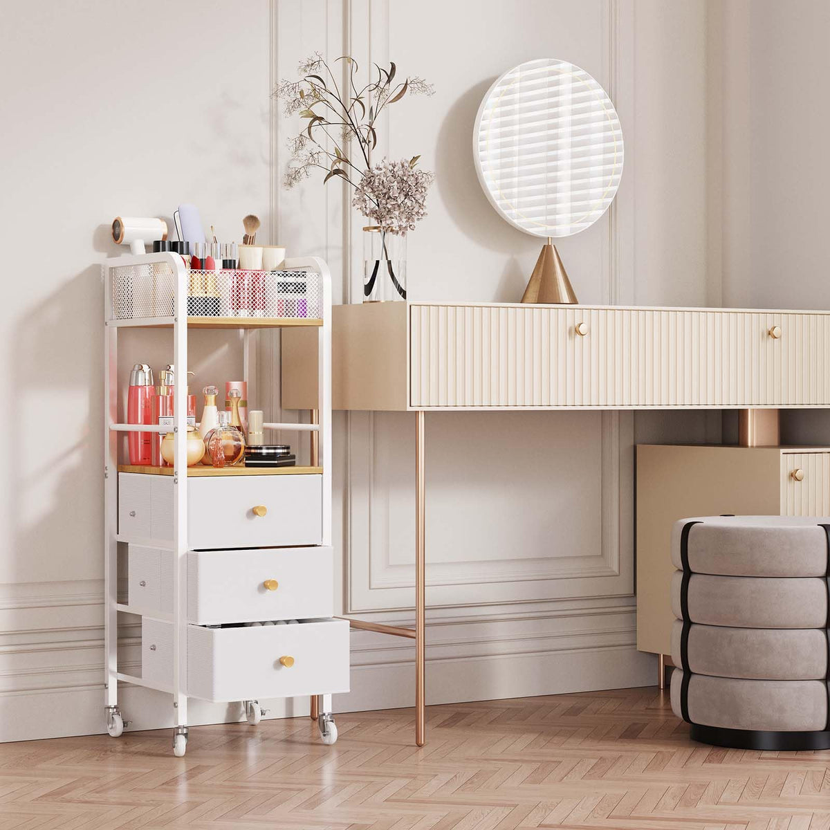 HapiRm Rolling Beauty Organizer Cart – 3 Drawers for Skincare & Cosmetics