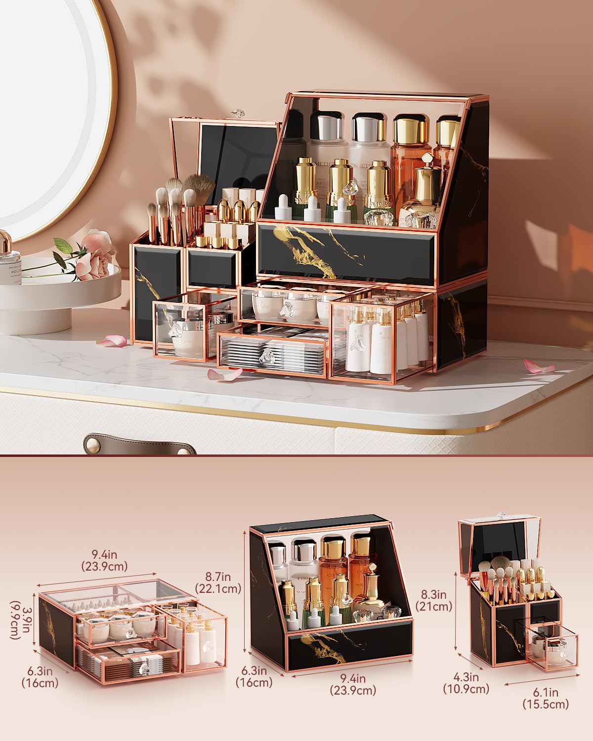 Black Glass Vanity Organizer with Lid