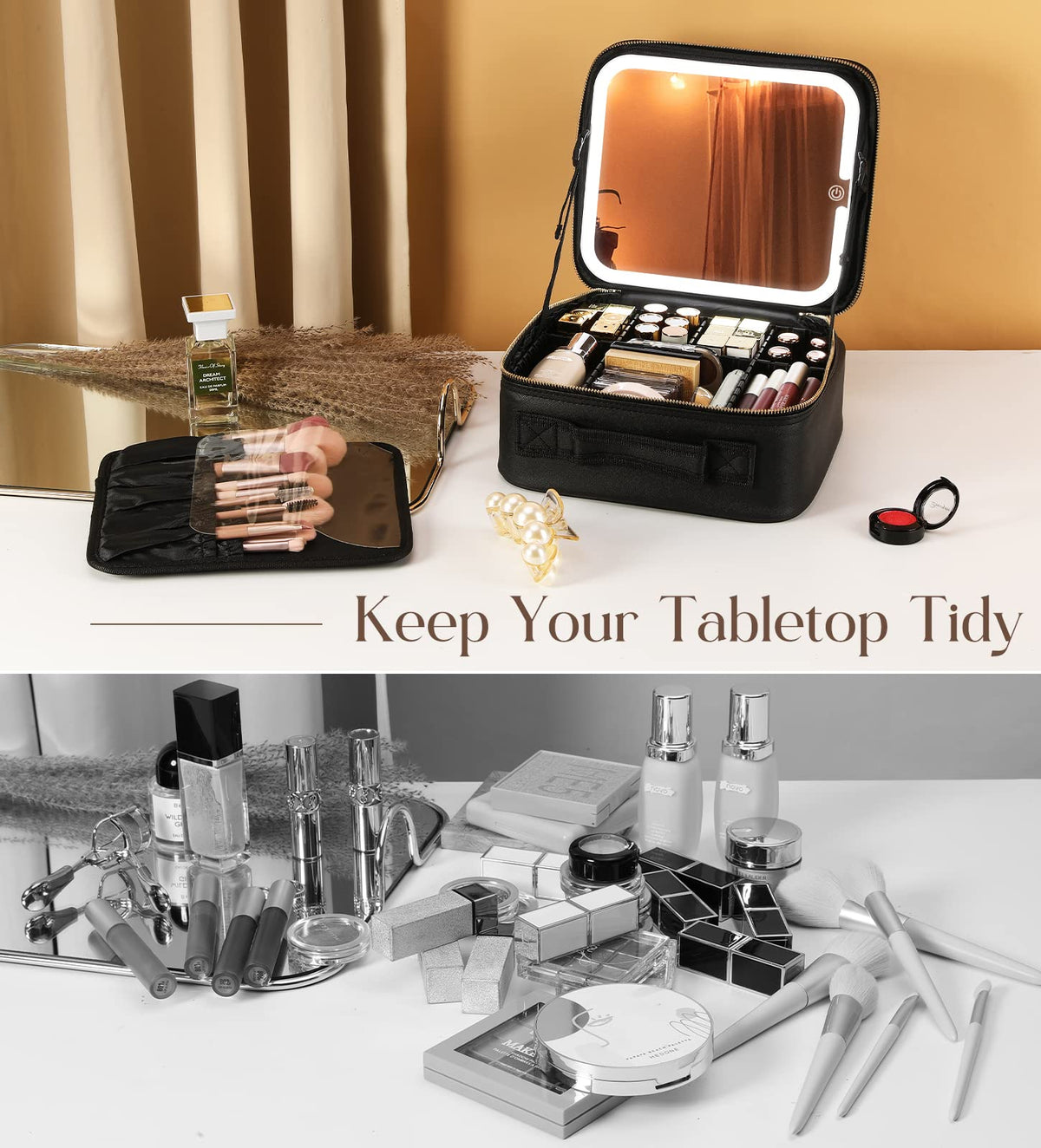 Luxspire Travel Makeup Bag with LED Mirror – Black