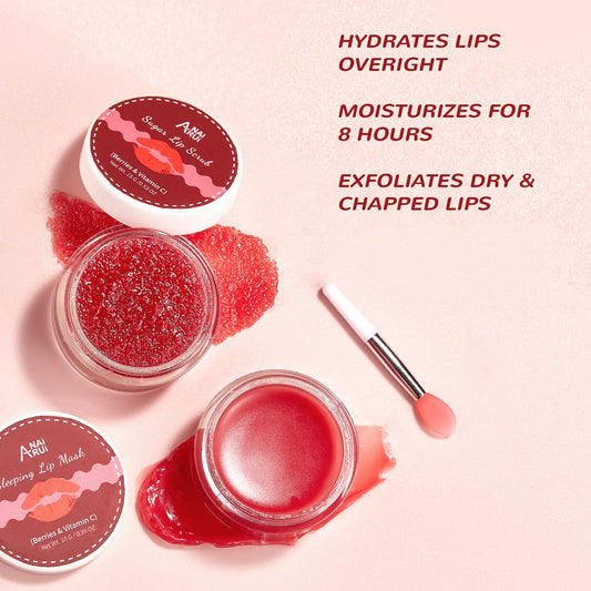 ANAI RUI Strawberry Lip Care Set – Lip Balm Mask & Sugar Scrub