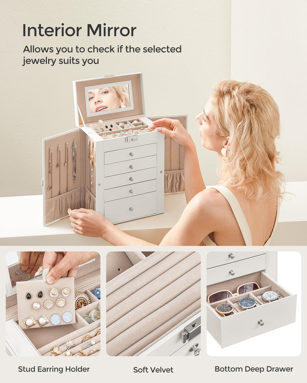 SONGMICS 6-Tier Jewelry Organizer – 5 Drawers, Mirror & Lock