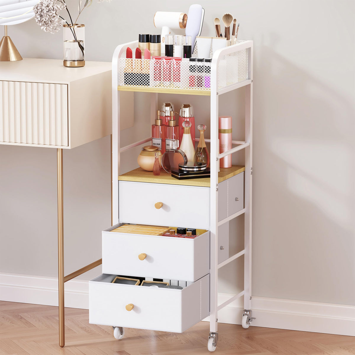 HapiRm Rolling Beauty Organizer Cart – 3 Drawers for Skincare & Cosmetics