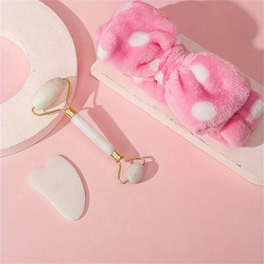 Jade Roller & Gua Sha Beauty Gift Set with Spa Headband