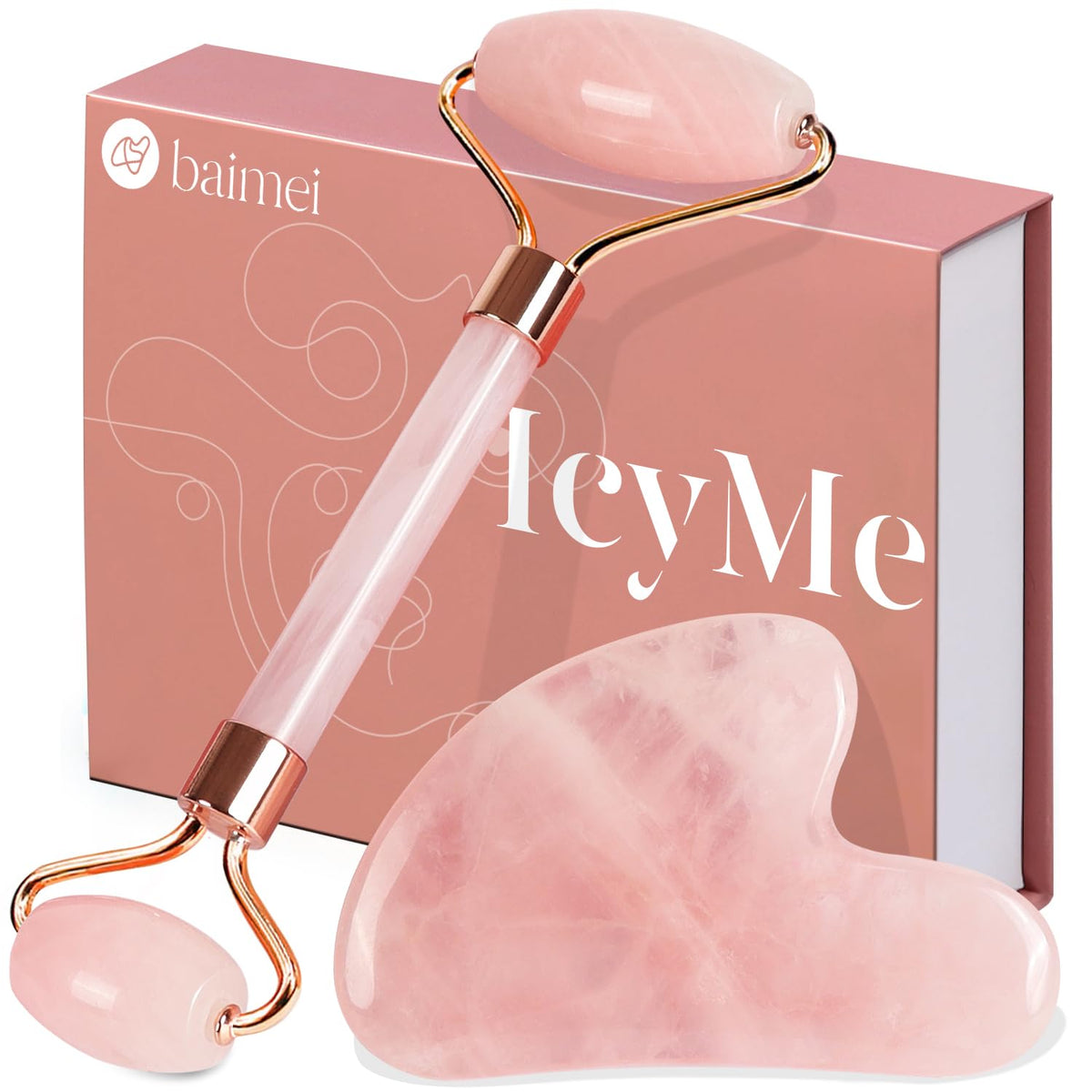 BAIMEI Rose Quartz Roller & Gua Sha Set – Facial Depuffing and Massage Tools