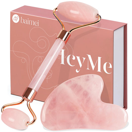BAIMEI Rose Quartz Roller & Gua Sha Set – Facial Depuffing and Massage Tools