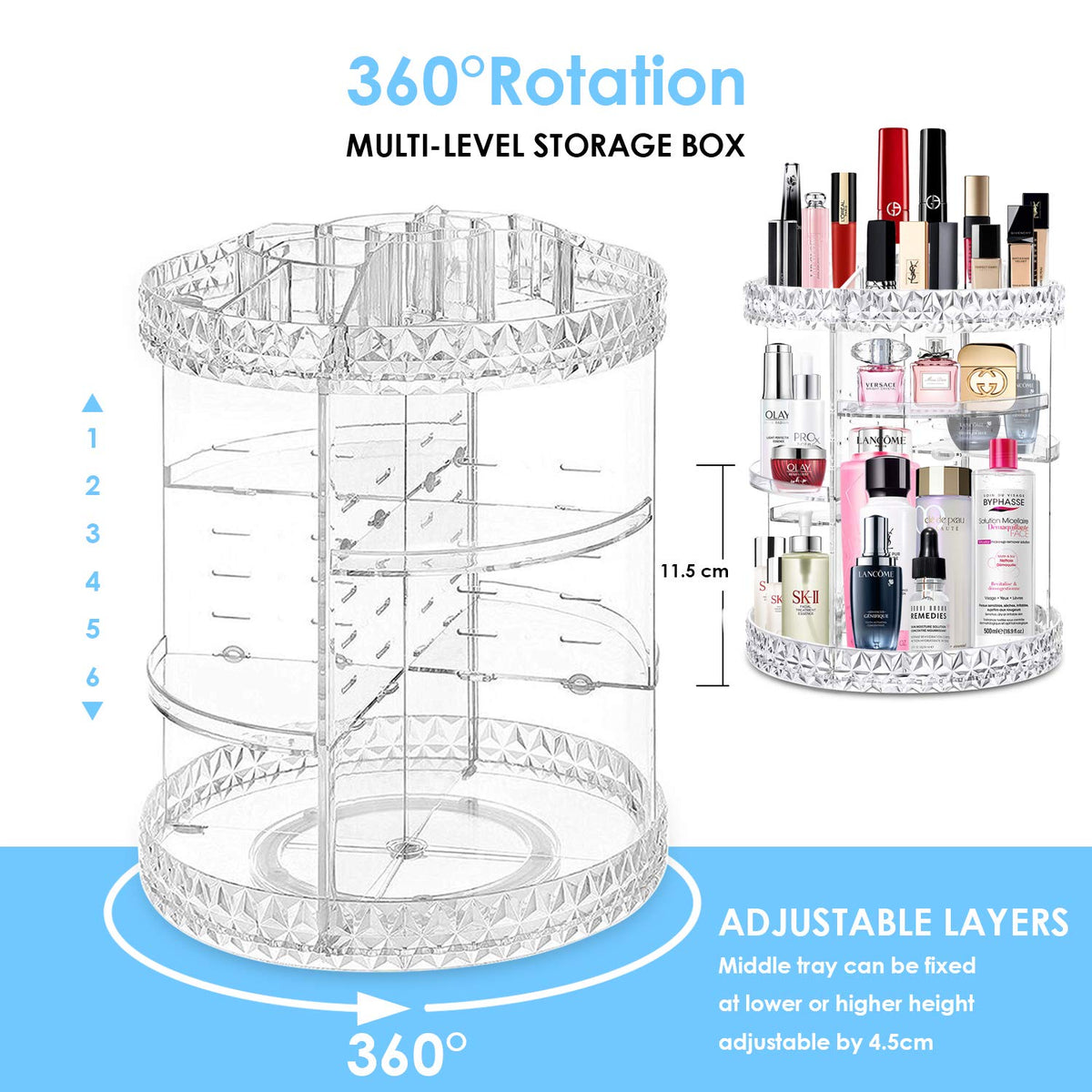 360° Rotating Makeup & Skincare Organizer – 6 Adjustable Shelves