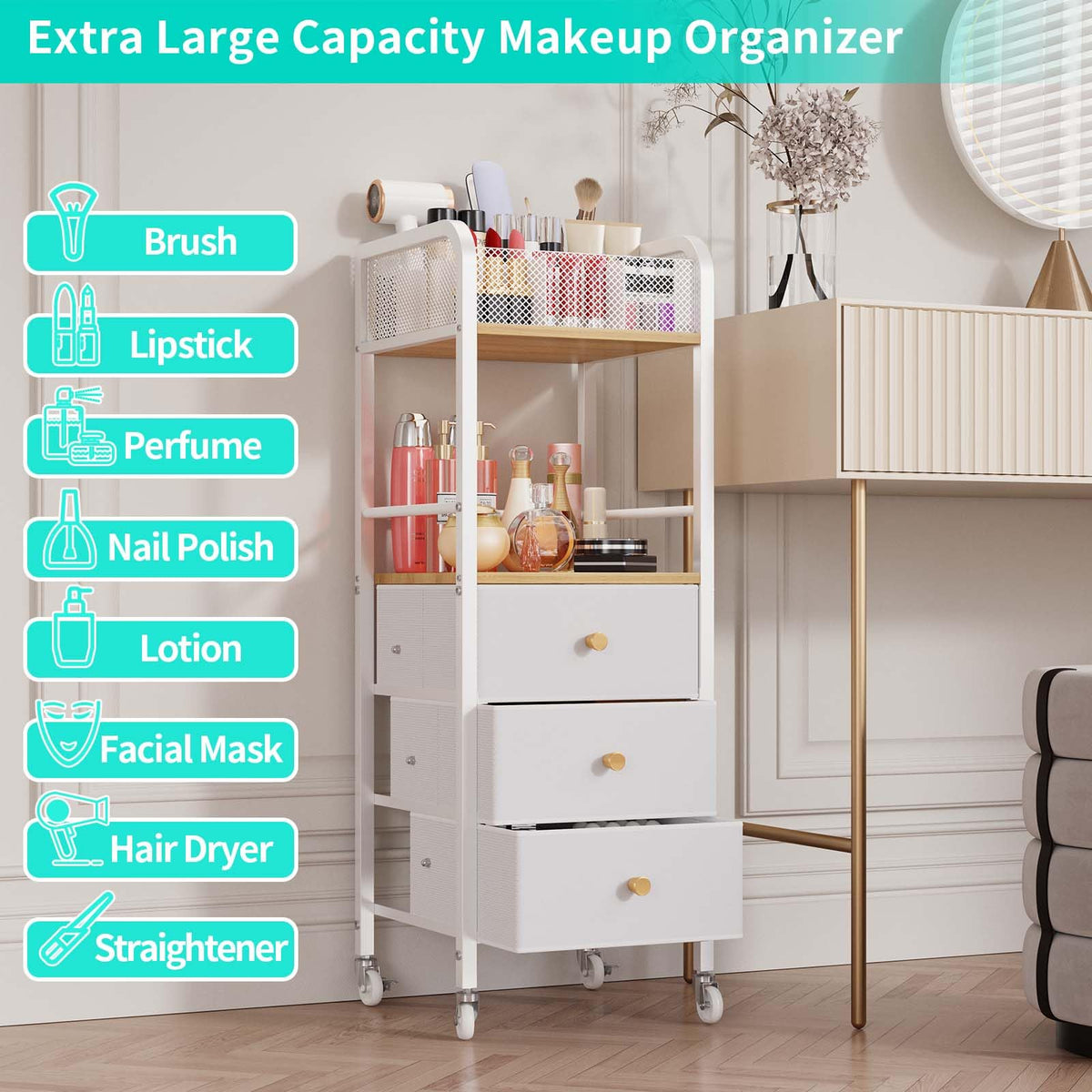HapiRm Rolling Beauty Organizer Cart – 3 Drawers for Skincare & Cosmetics