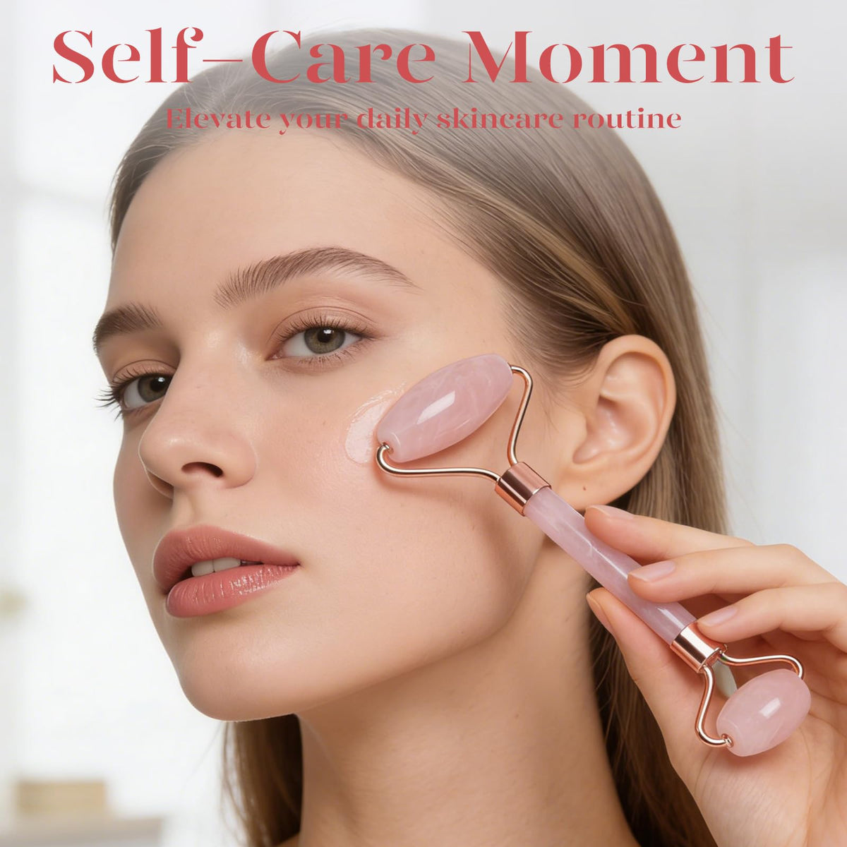 BAIMEI Rose Quartz Roller & Gua Sha Set – Facial Depuffing and Massage Tools