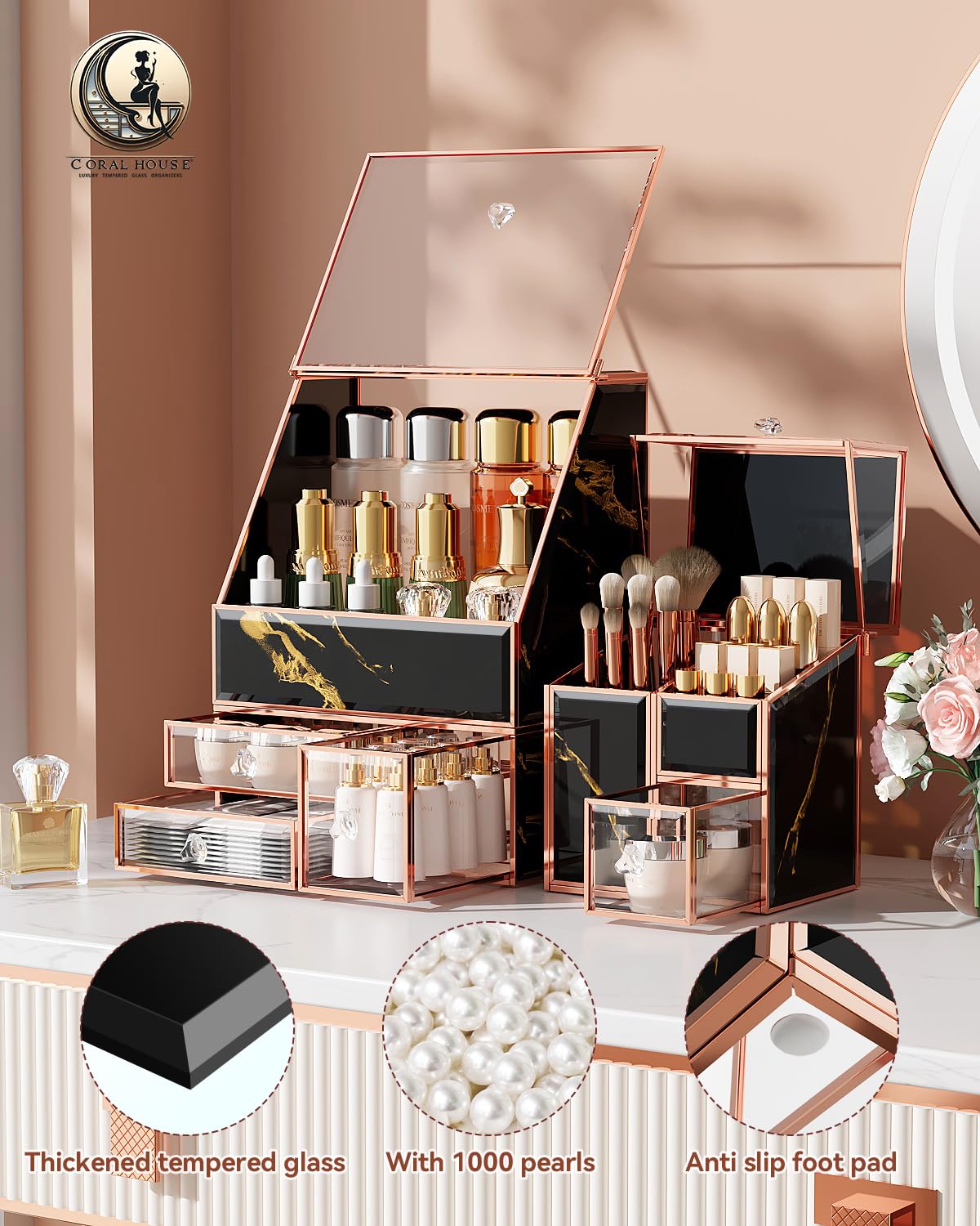 Black Glass Vanity Organizer with Lid