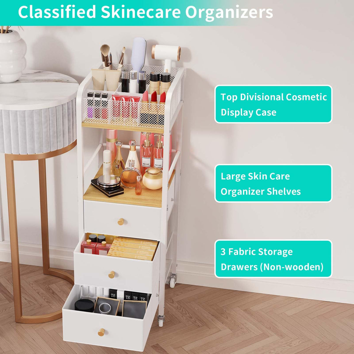 HapiRm Rolling Beauty Organizer Cart – 3 Drawers for Skincare & Cosmetics