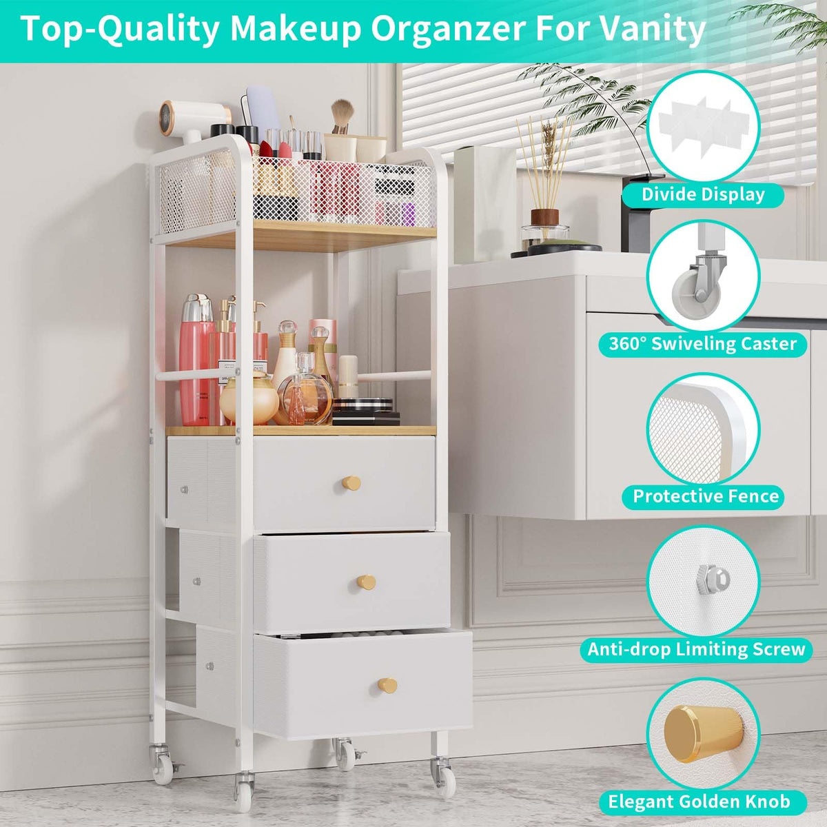 HapiRm Rolling Beauty Organizer Cart – 3 Drawers for Skincare & Cosmetics
