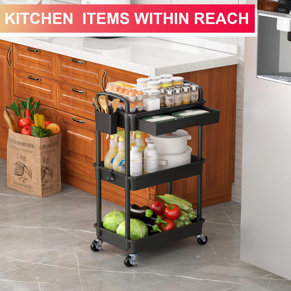 3-Tier Rolling Beauty & Storage Organizer – Black