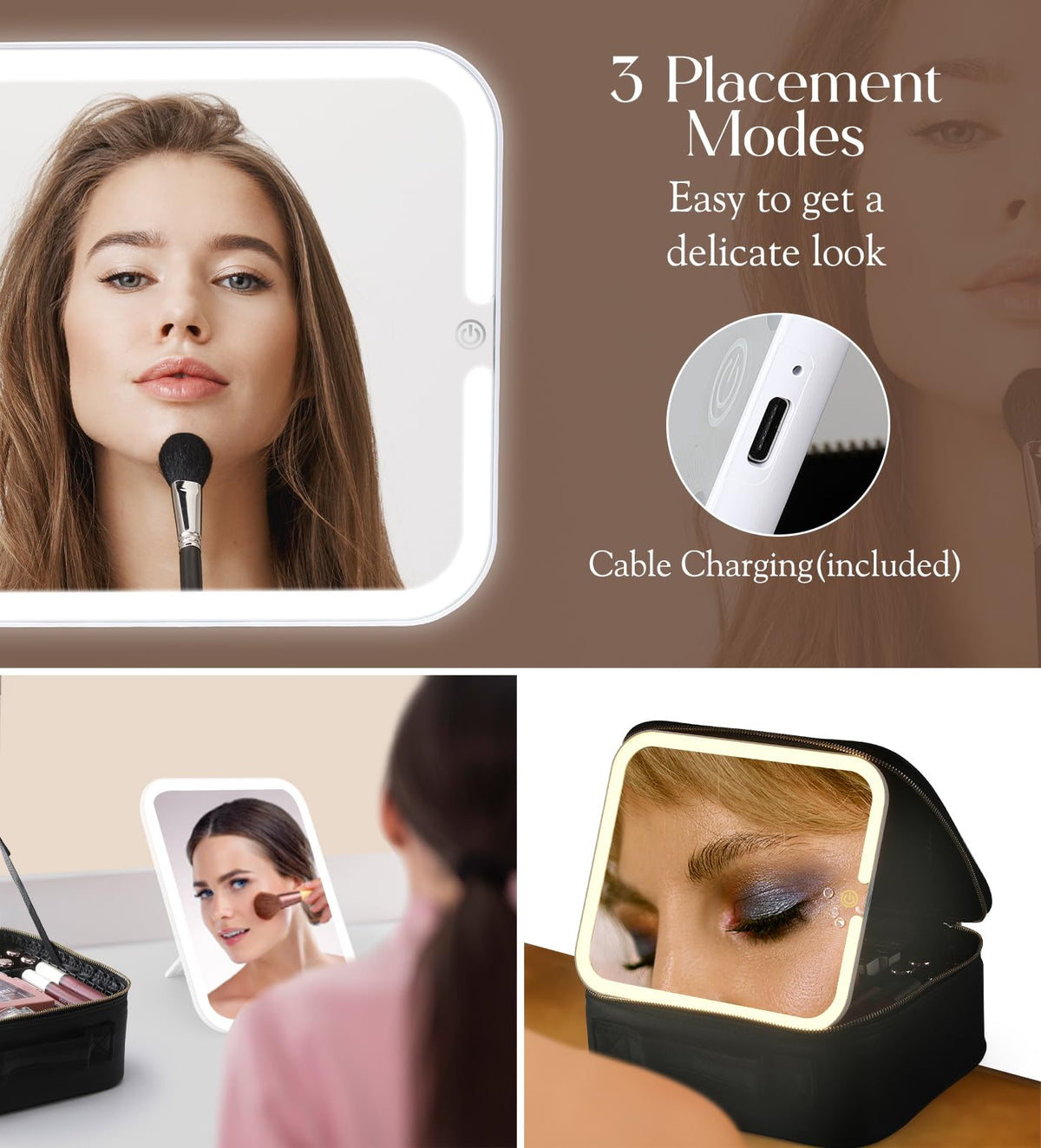 Luxspire Travel Makeup Bag with LED Mirror – Black