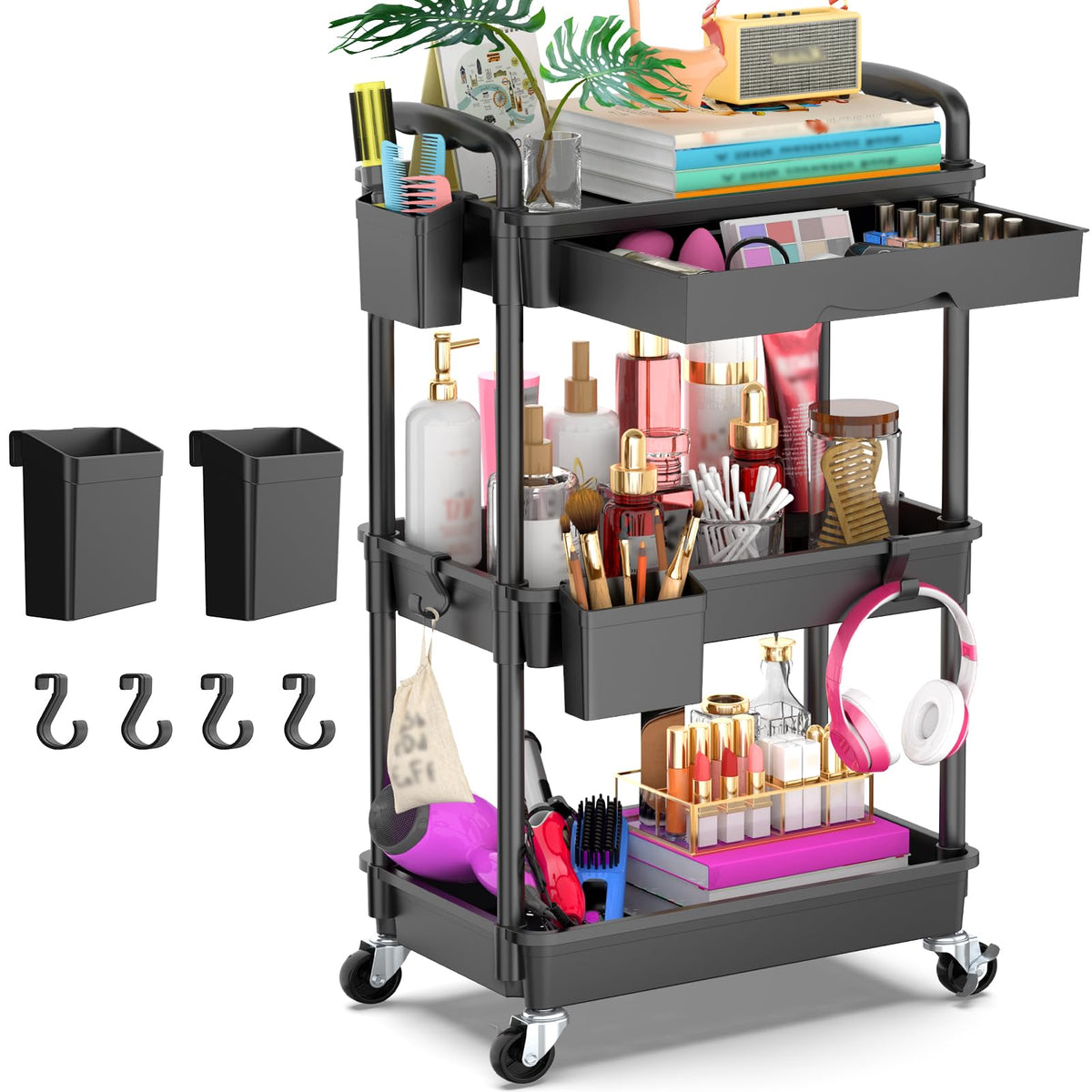 3-Tier Rolling Beauty & Storage Organizer – Black
