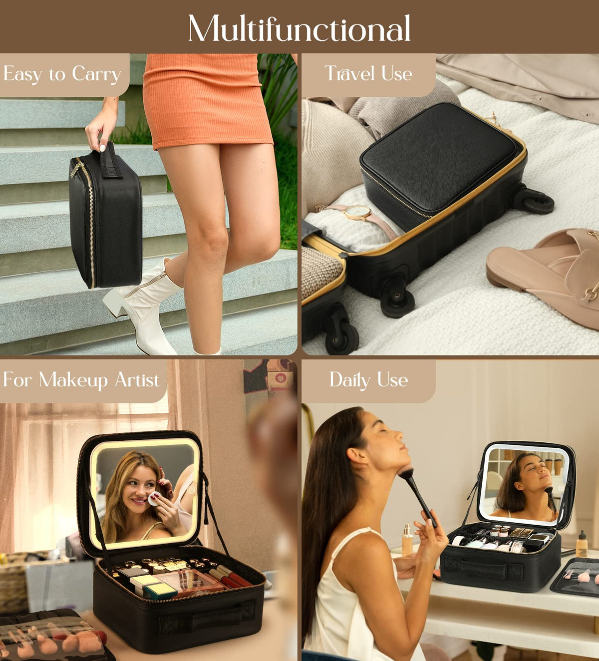 Luxspire Travel Makeup Bag with LED Mirror – Black
