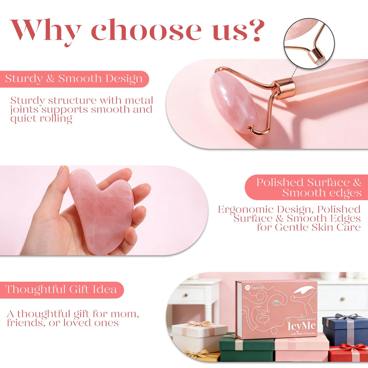 BAIMEI Rose Quartz Roller & Gua Sha Set – Facial Depuffing and Massage Tools