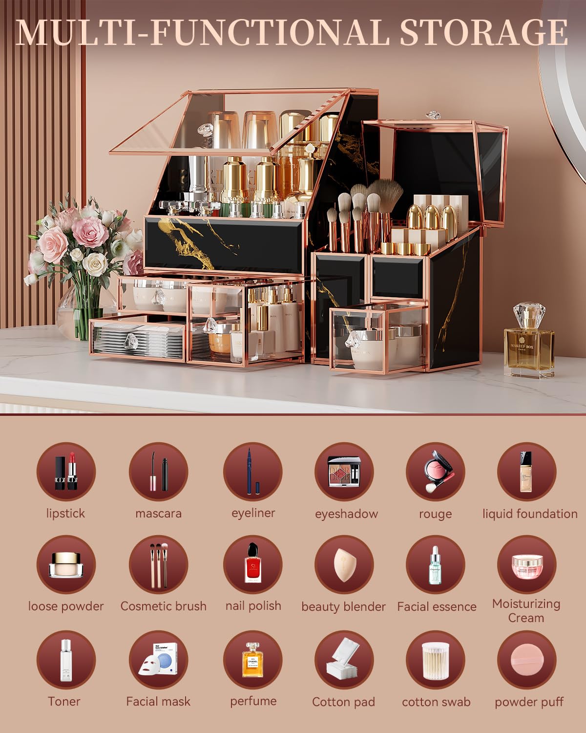 Black Glass Vanity Organizer with Lid