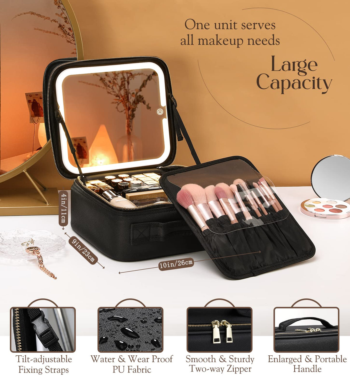 Luxspire Travel Makeup Bag with LED Mirror – Black