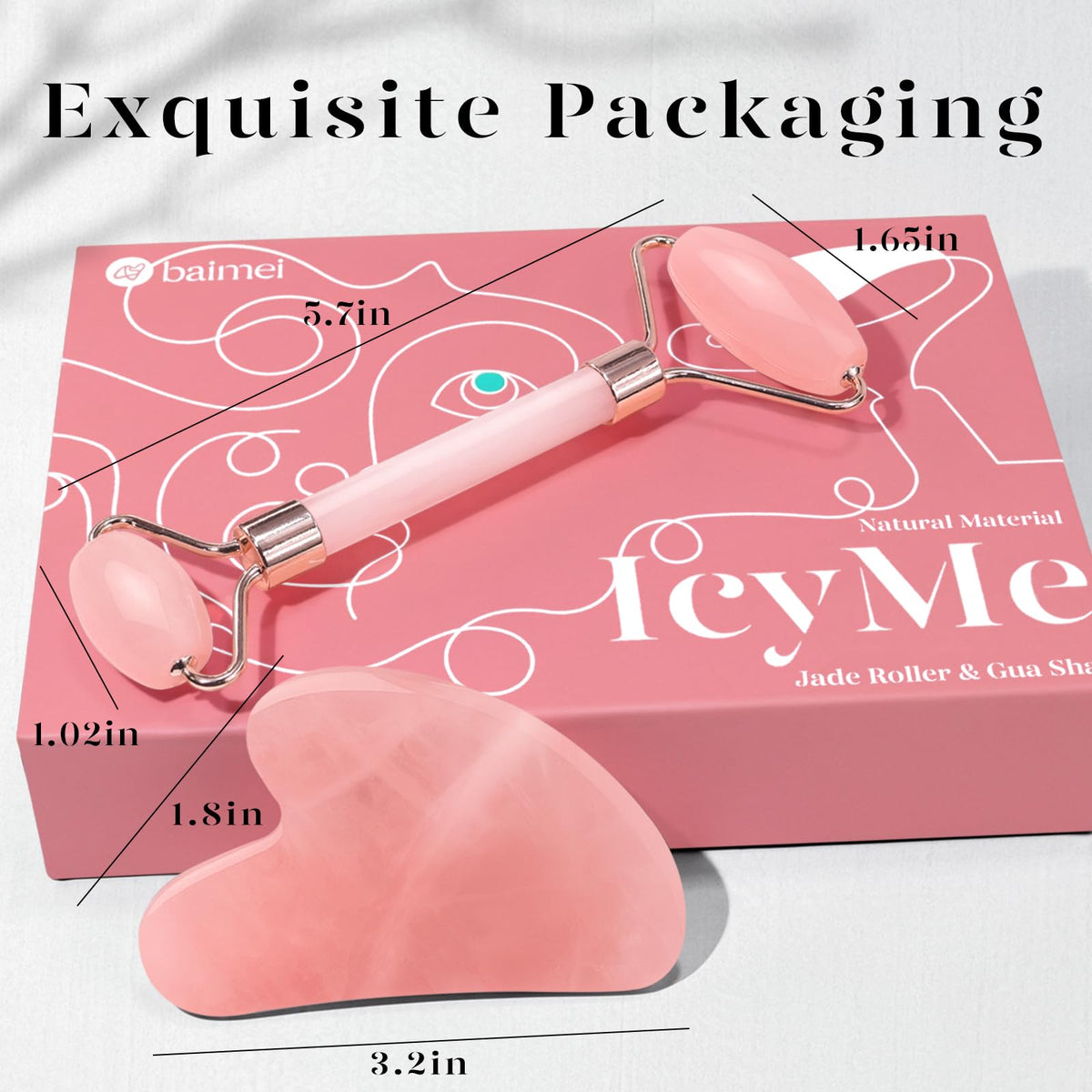 BAIMEI Rose Quartz Roller & Gua Sha Set – Facial Depuffing and Massage Tools