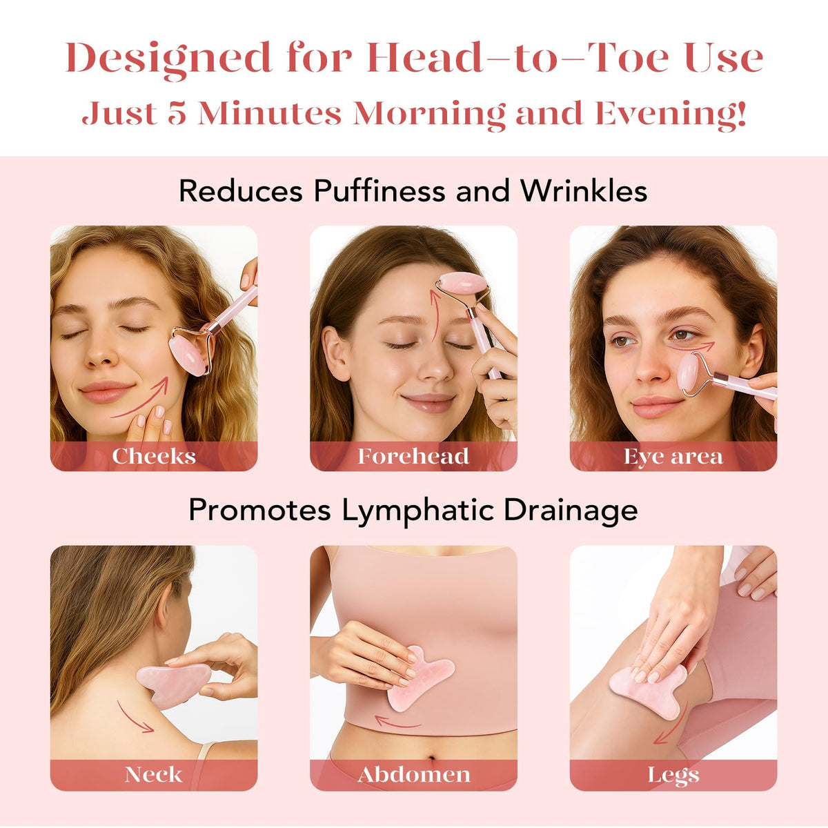 BAIMEI Rose Quartz Roller & Gua Sha Set – Facial Depuffing and Massage Tools