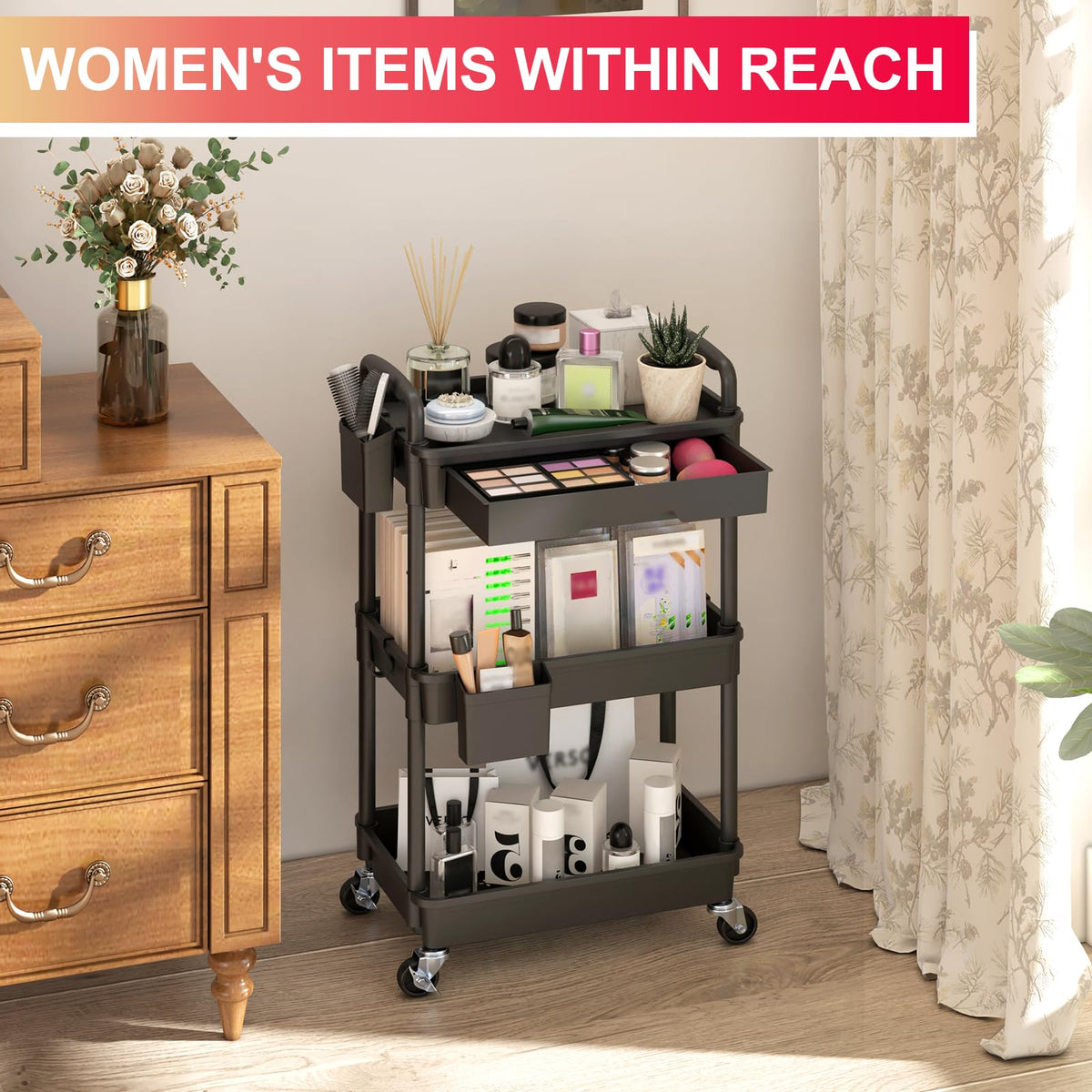 3-Tier Rolling Beauty & Storage Organizer – Black