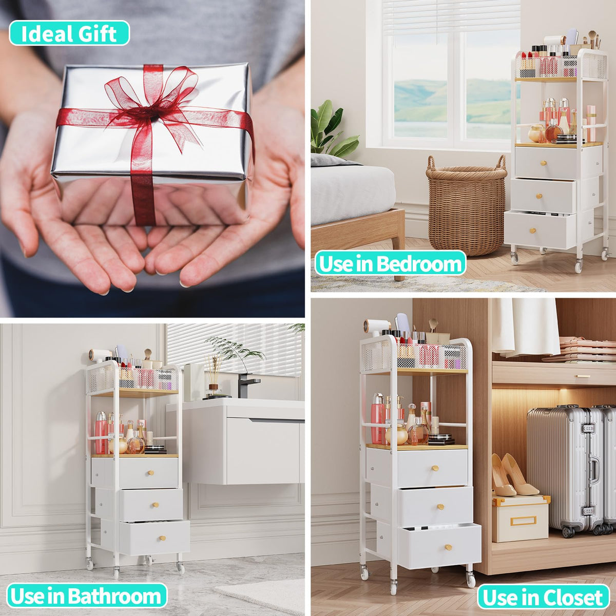 HapiRm Rolling Beauty Organizer Cart – 3 Drawers for Skincare & Cosmetics
